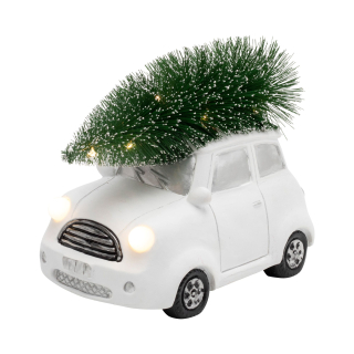 Keramická svietiaca dekorácia biele auto so stromčekom 11xLED teplá biela, na batérie, výška: 15cm
